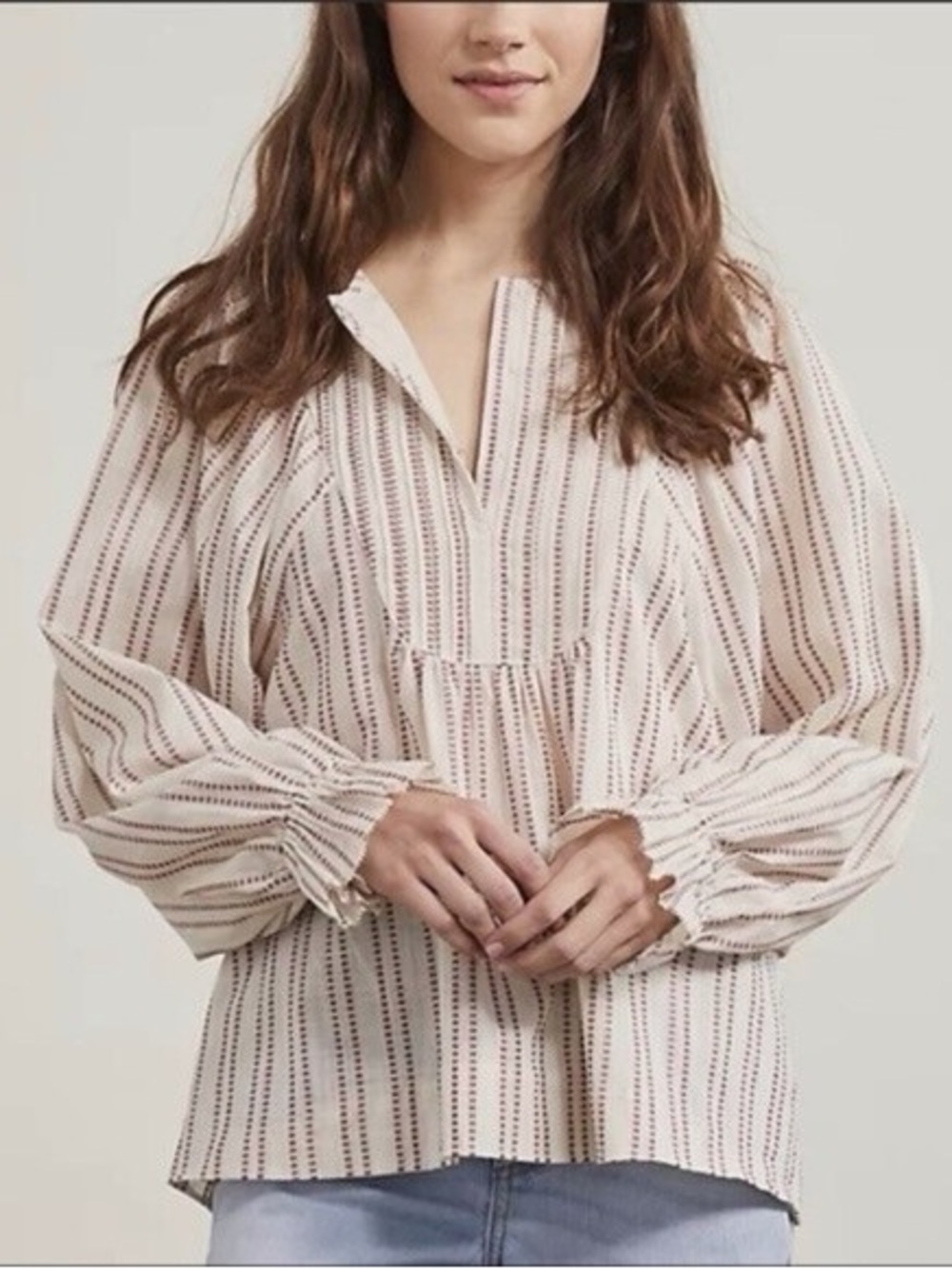 Elizabeth & James Pintuck Peasant Blouse Medium Stripe Embroidered Cream Red